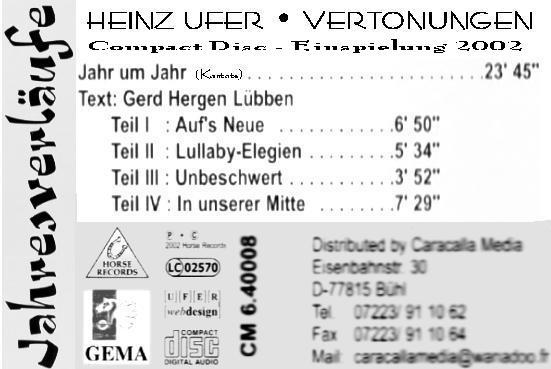 Heinz Ufer Jahreverlufe - Musik-CD mit der Kantate Jahr um Jahr (Text: Gerd Hergen Lbben)